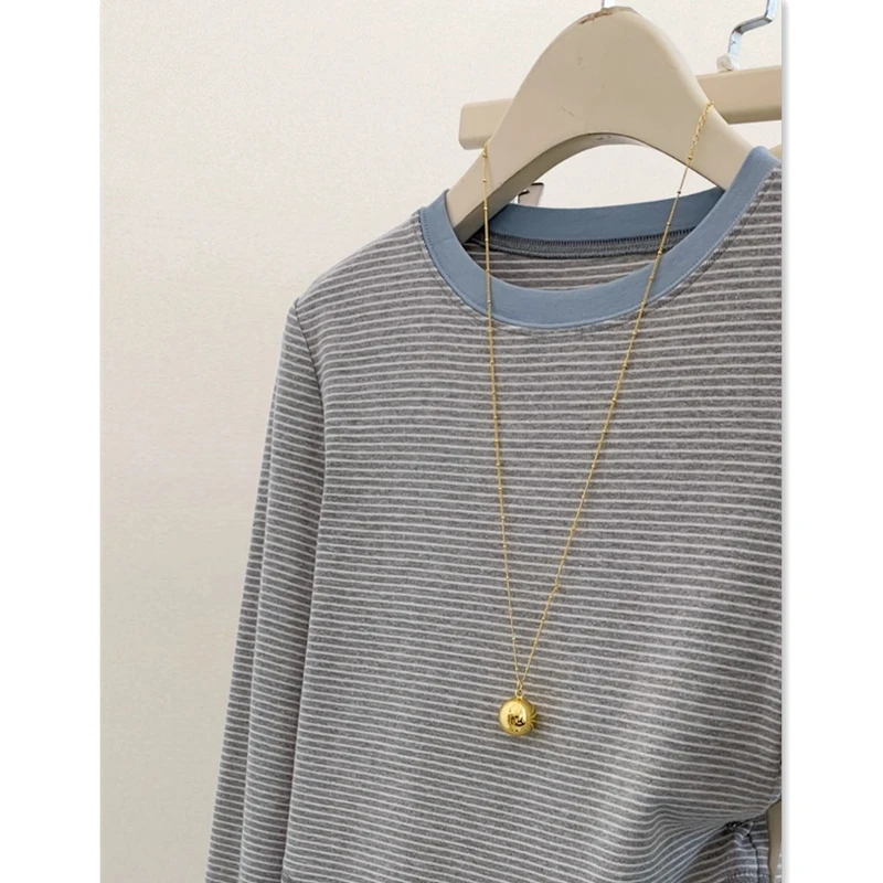 Plus Size ZDM Plus size 50.00kg Fake Two Pieces Stripe Short Long sleeves Shirt Women 2024 Autumn High-Grade Casual Bottoming...