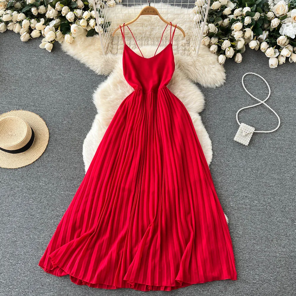 

Women's Summer New Fashion V Neck Sleeveless Holiday Red Beach Pleated Chiffon Backless Dress Clothing Party Vestidos E647