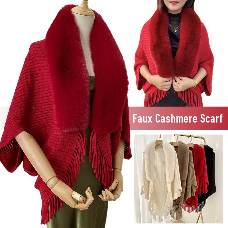 Women Winter Imitation Cashmere Shawl Scarf Lady Elegant Faux Fur Collar Capes Tassel Wraps Warm Wraps Cloak Poncho Short Tops