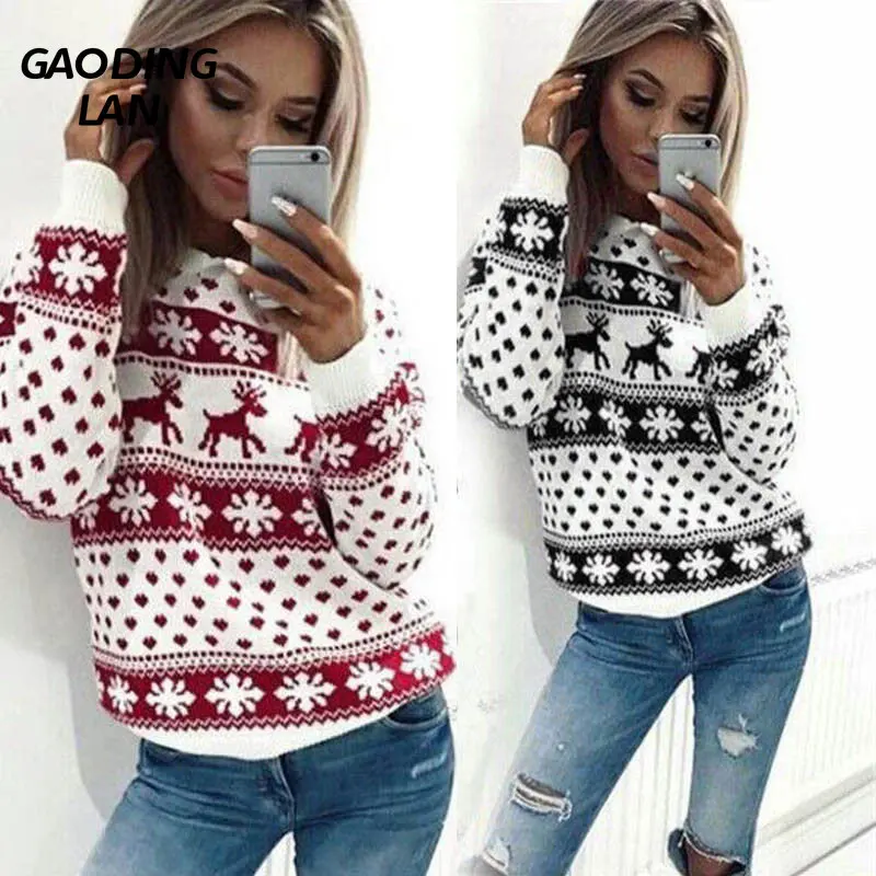 

GAODINGLAN Women Long Sleeve Round Neck Slim Fit T-shirts Christmas Snow Elk Print Tops Autumn Winter Female Large Size Tees