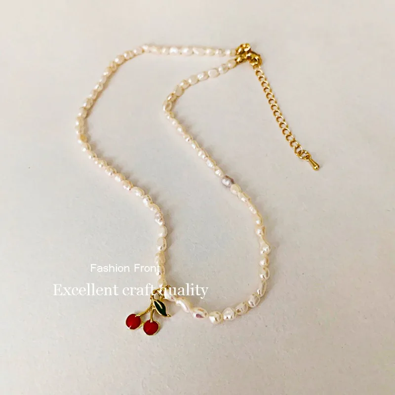 

Minar Cute Gold Metal 100% Real Freshwater Pearl Beaded Red Color Enamel Fruit Cherry Pendant Choker Necklaces for Women Jewelry
