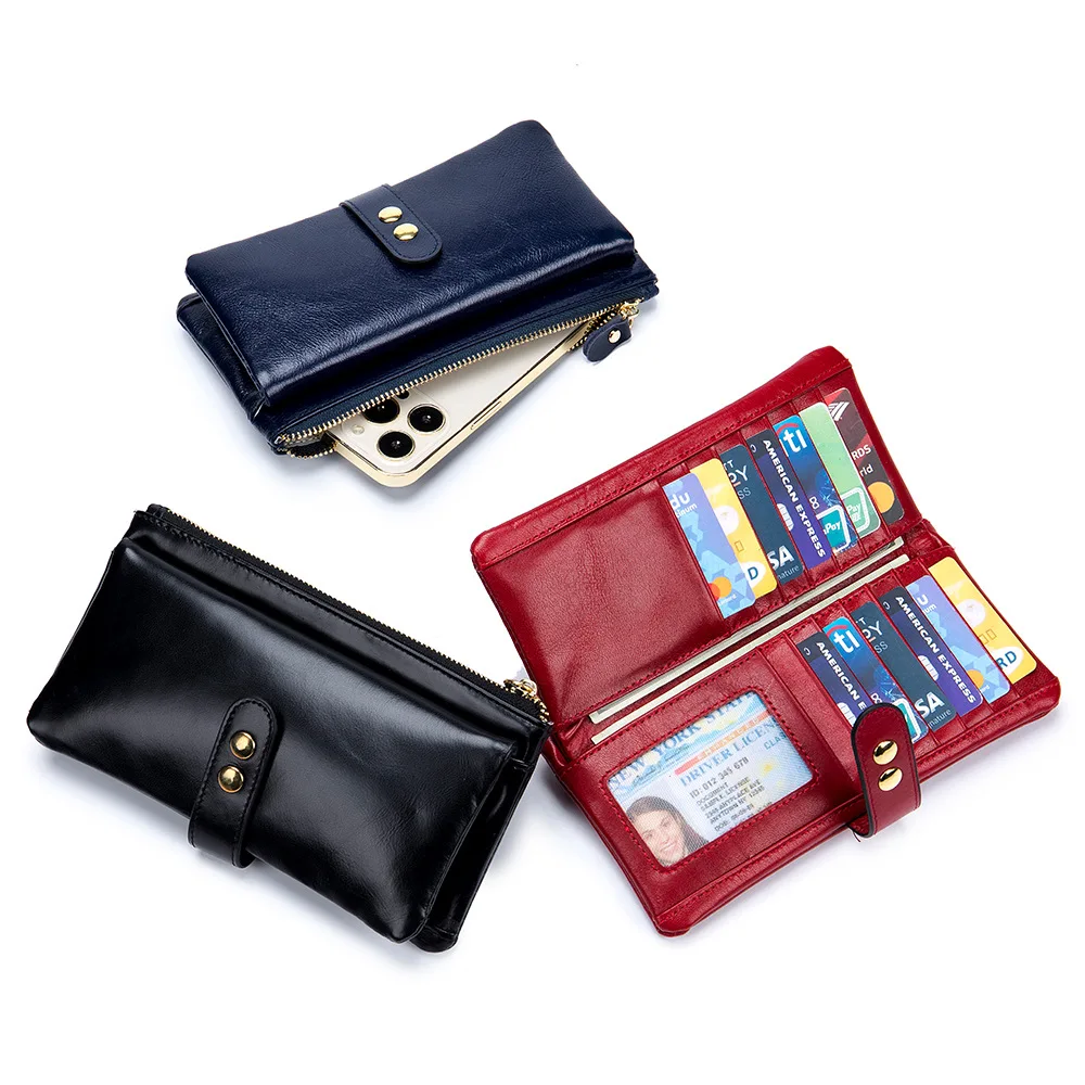 Multifunction Genuine Leather Women Wallet Long Lady Leather Purse Brand Design Luxury Oil Wax Leather Female Wallet Coin Purse