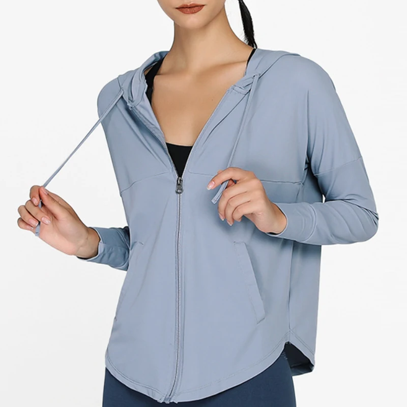 

Fitness clothes women's mesh breathable sun protection clothing loose sports running zipper jacket with pockets