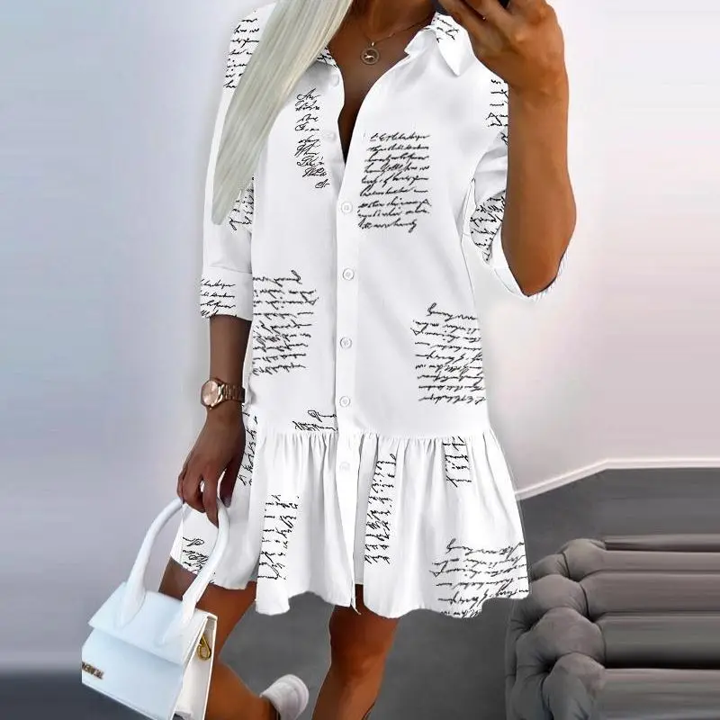 

Платье-рубашка с буквенным принтом, на пуговицах, с оборками и подолом, 2023 платья для женщин, с отложным воротником, приталенные однобортные платья трапециевидной формы, повседневные платья