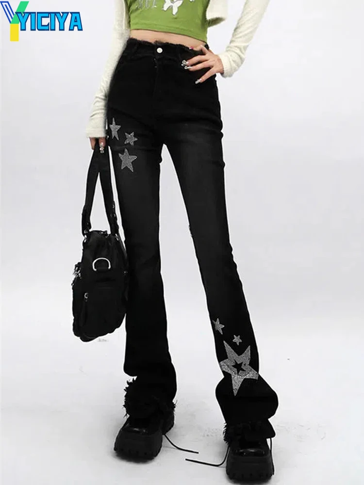 YICIYA Long PANTS Black Jeans American Y2k Star Print Flare Pants Oversize Boot Cut Winter Vintage Jean Trousers Women Clothes