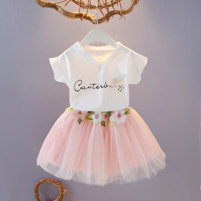 

2023 New Summer Girls Sets Letter Short Sleeved Short Skirt Two-piece Set Cotton Cute Suit Flower Embroidery Girls Clothes 1-6T