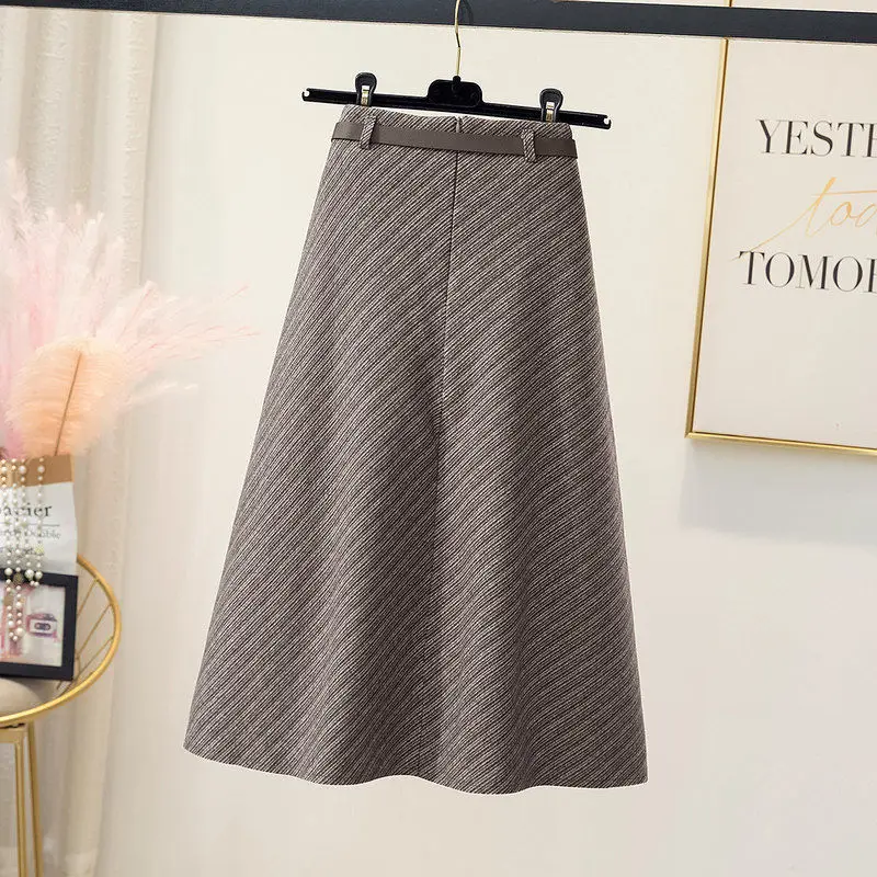 

Женская шерстяная юбка в полоску, повседневная трапециевидная юбка с высокой талией и поясом, Осень-зима 2023, O323