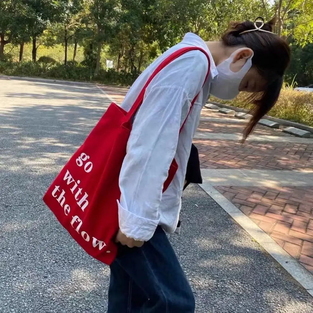 

Women Canvas Shoulder Bag Ladies Casual Handbag Tote Go With The Flow Print Reusable Large Capacity Cotton Shopping Beach Bag
