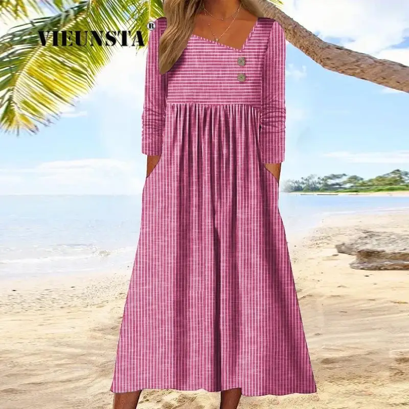 

Women Temperament Diagonal Collar Long Dress Autumn Elegant Retro Striped Print Maxi Dresses 2023 New Loose Button Party Dresses