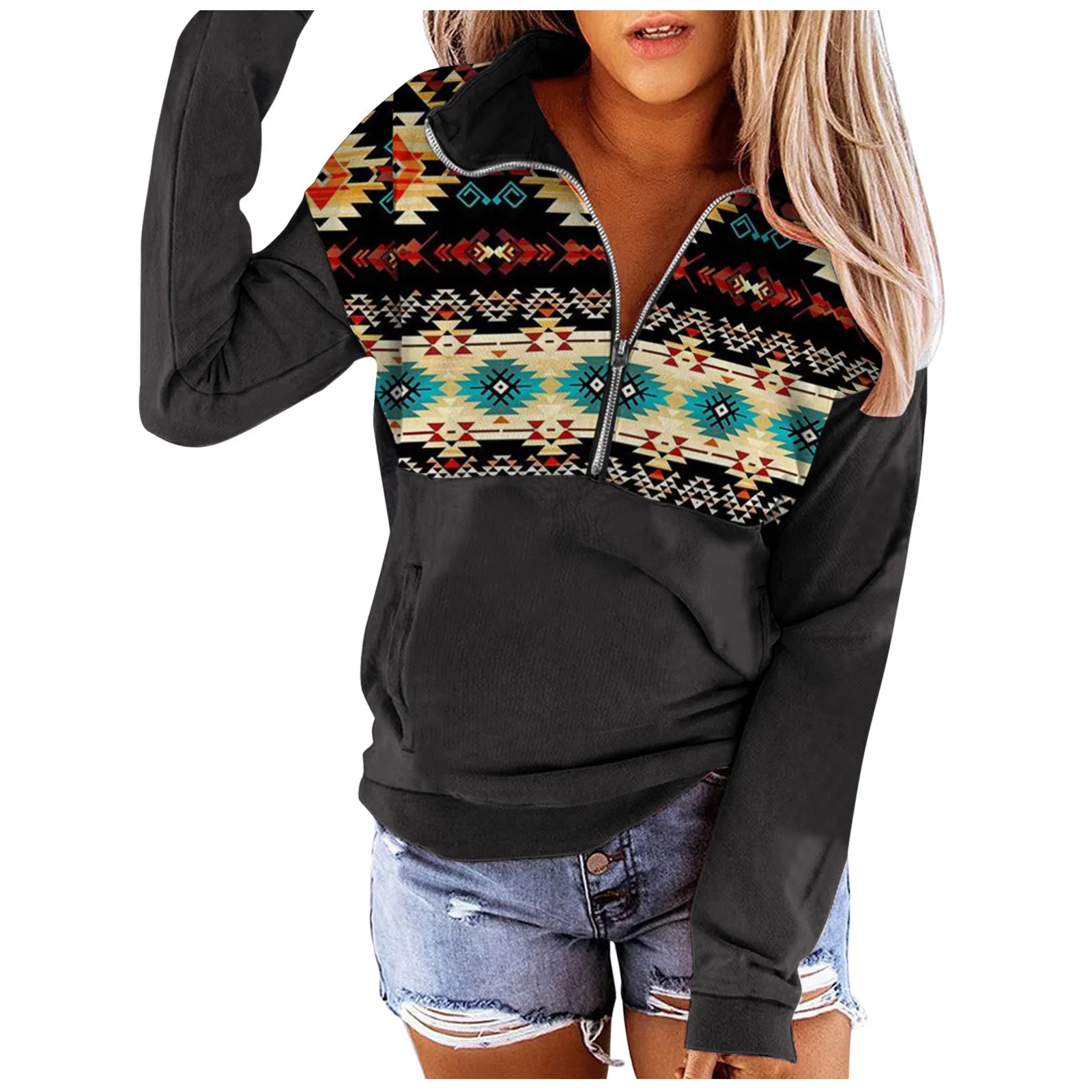 

Vintage Retro Hoodie Geometric Print Hoodie Poleron Mujer 2021 Long Sleeve Half Zip Hoodie 3xl Sweatshirt Women Harajuku