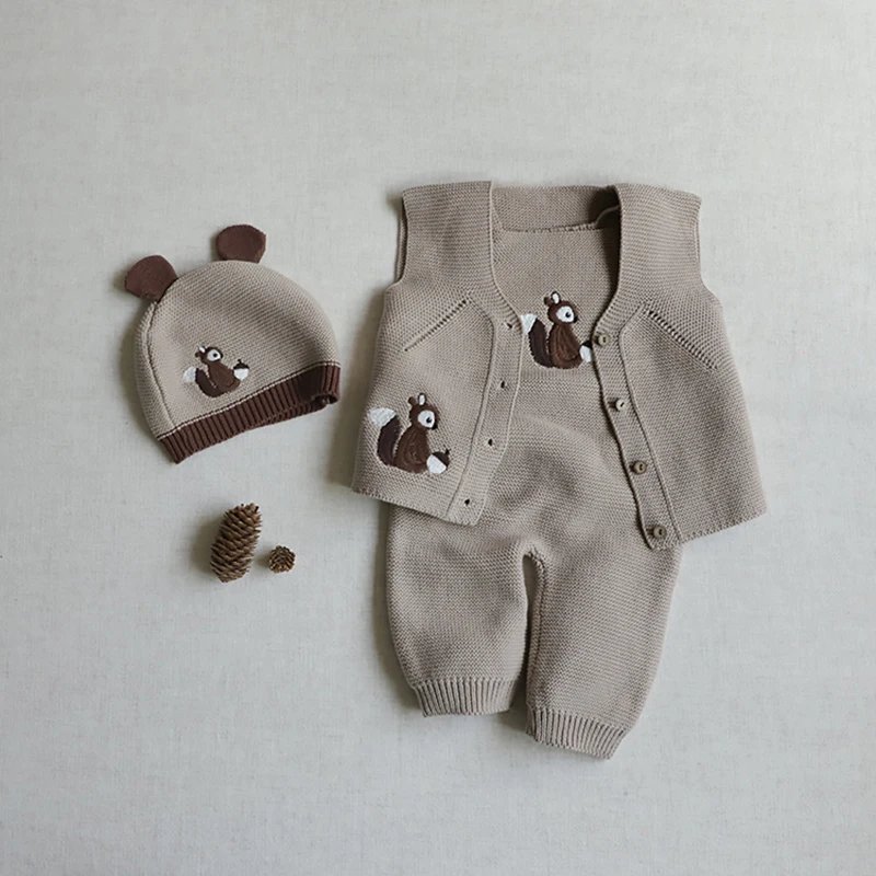 2023 Spring Baby Clothing Set Squirrel Embroidered Baby Boy Girl Clothes Cotton Long Sleeve Cardigan Knitted Newborn Jumupsuit