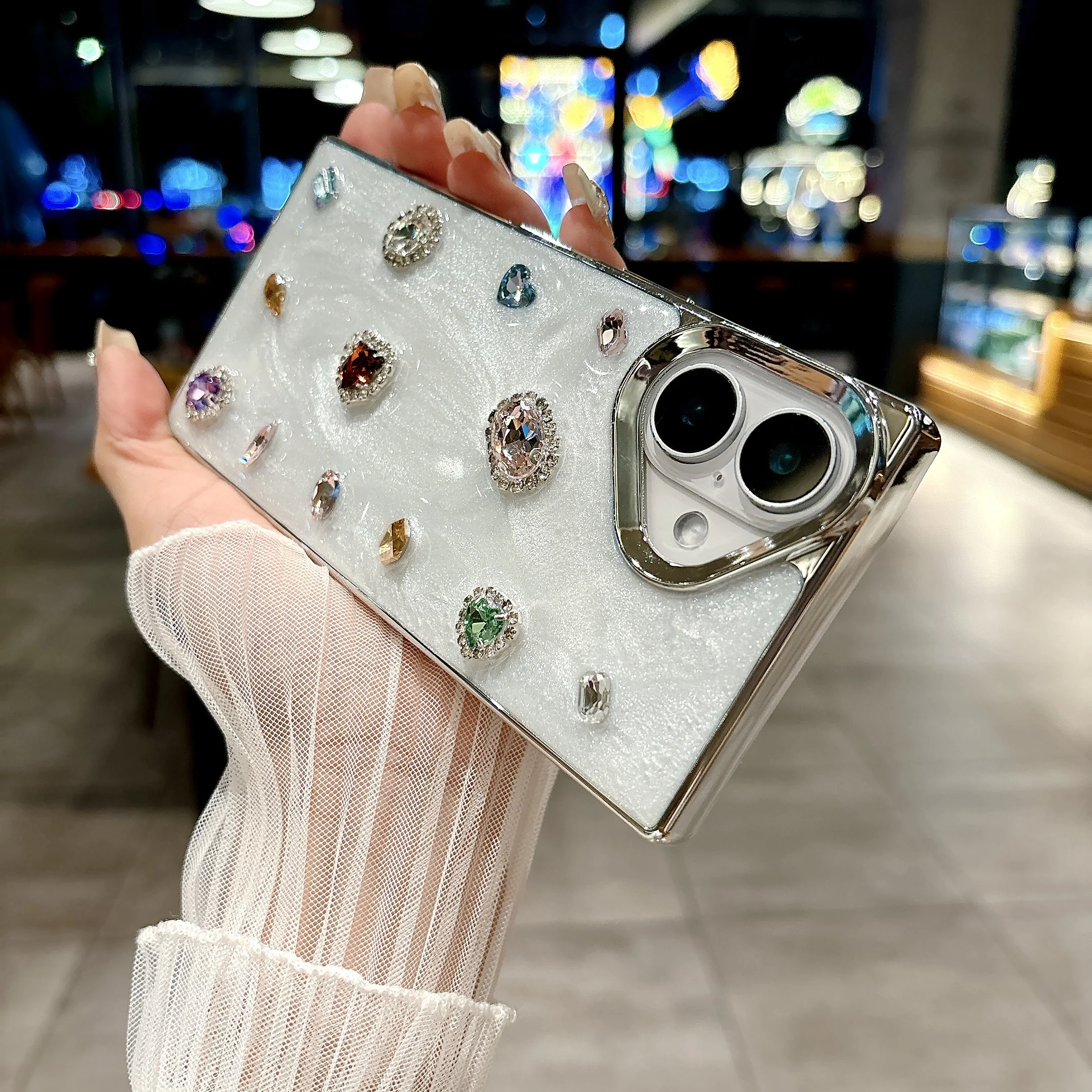 Модный блестящий чехол для телефона с прямыми краями и бриллиантами iPhone 12 13 14 15