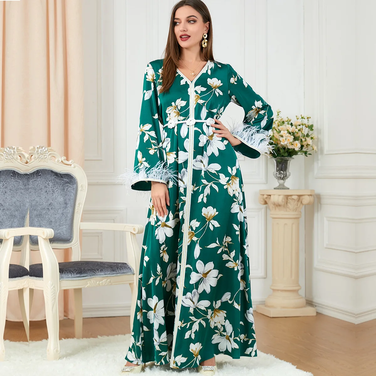 

Wepbel Arab Muslim Dress Long Sleeve Printed Long Abaya Islamic Clothing High-end Dress Autumn Dress Women Ramadan Party Abaya
