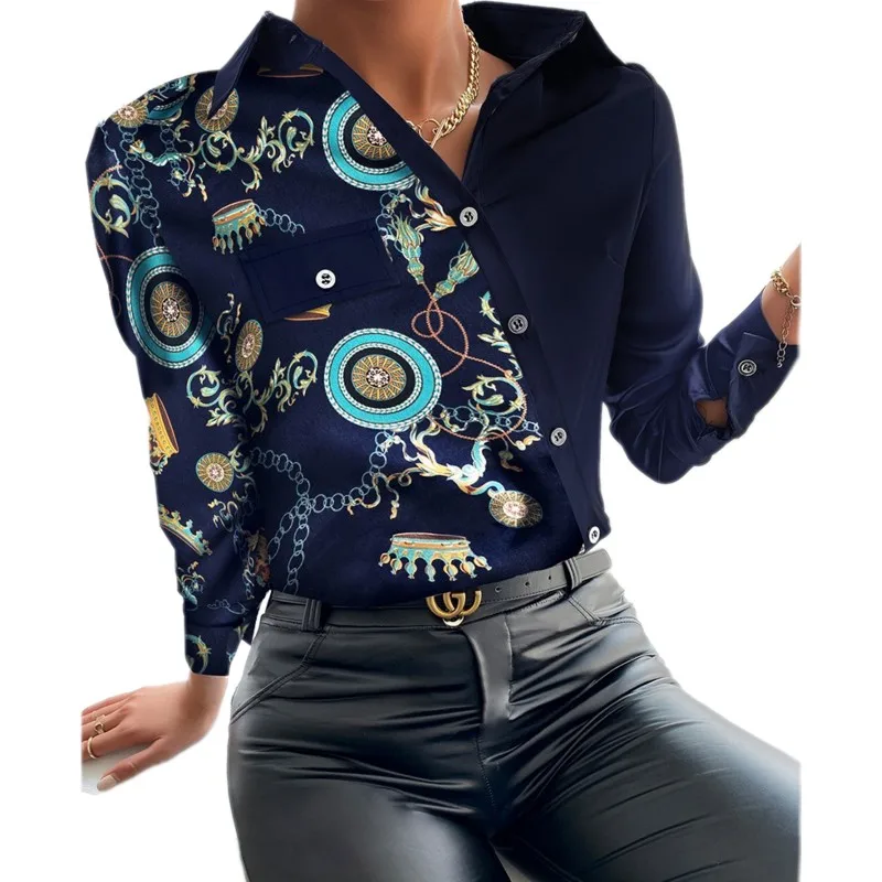 

Y2k Shirts Blouses Women Tops Full Sleeve Single Breasted Tops Spring New Fashion Print Splice Office Lady Top Tunics Blusa 2022