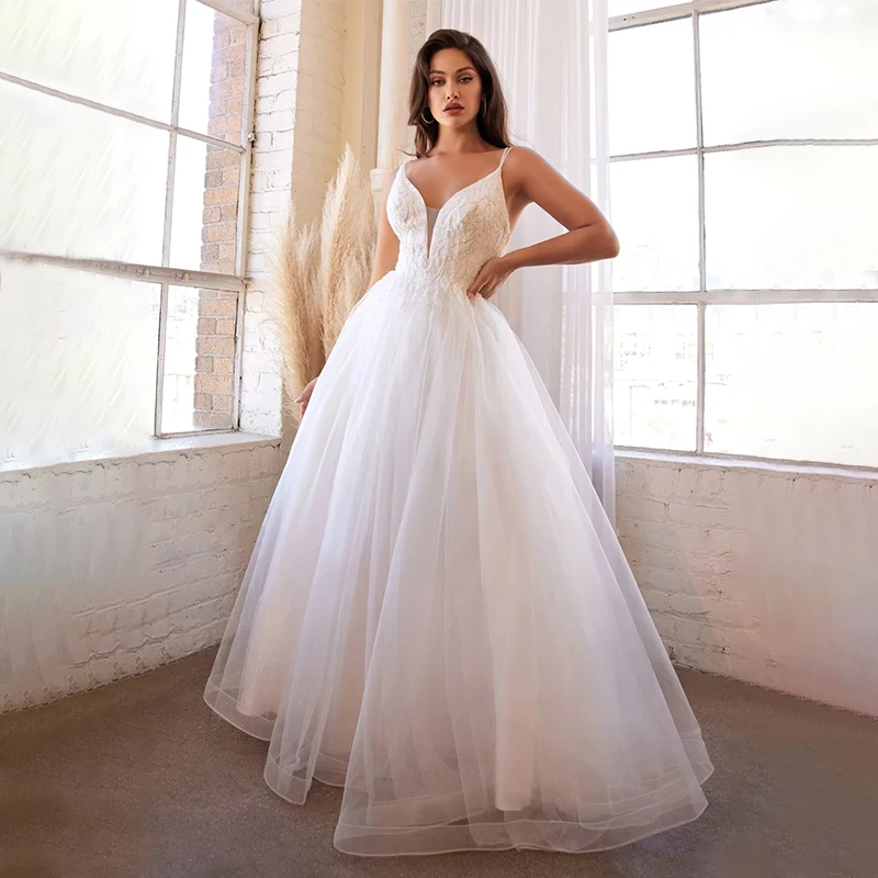 

Mordern V-Neck Sleeveless A-Line Wedding Dresses Spaghetti Straps Lace Appliques Floor Length Bridal Gowns