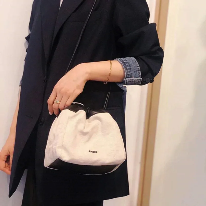 

2022 New Women Canvas Sheepskin Inner Bucket Bag Drawstring Large Capacity Females Casual Long Shoulder Strap Diagonal Bag