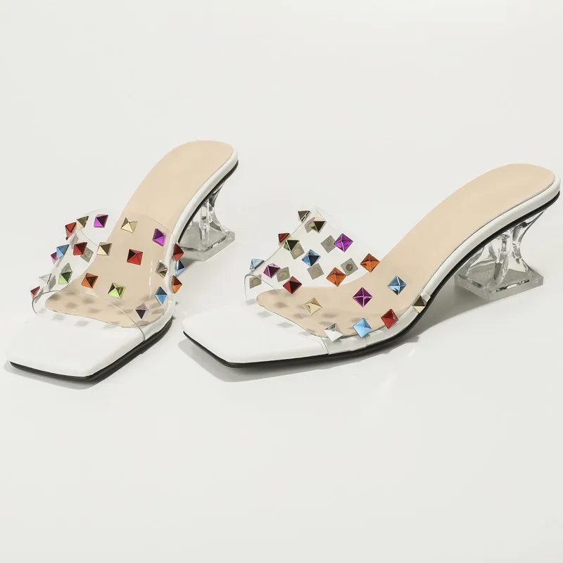 

2022 High Heel Summer New Mixed Color Rivet Transparent Women Sandals Closed Toe Ladies Sandal Sexy High Heel Large Size 36~42