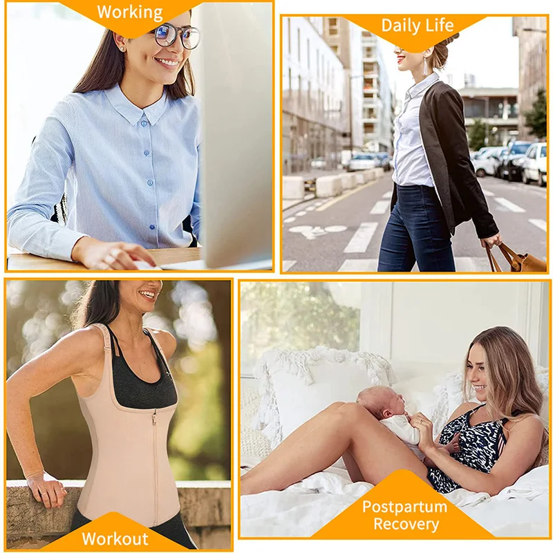 Waist Trainer Women Cincher Corset Vest Trimmer Body Shaper Shapewear Sports Girdle Sweat Belt Tank Top with Strap Zipper Daily