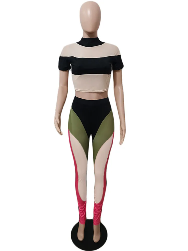 

Сексуальный комплект из двух предметов WLWXR, женская одежда 2022, короткий рукав, лоскутный кроп-топ, обтягивающие сетчатые брюки, синие подходящие комплекты