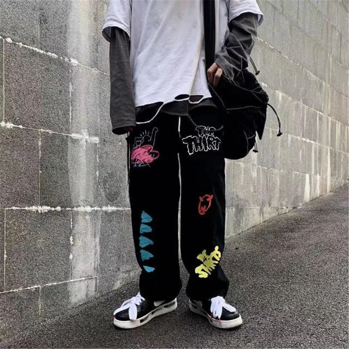 

Black Hip Hop Cargo Pants Unisex Funny Gothic Trousers BF Harajuku Joggers Pants Girl High Waist Loose Casual Graffiti Pants