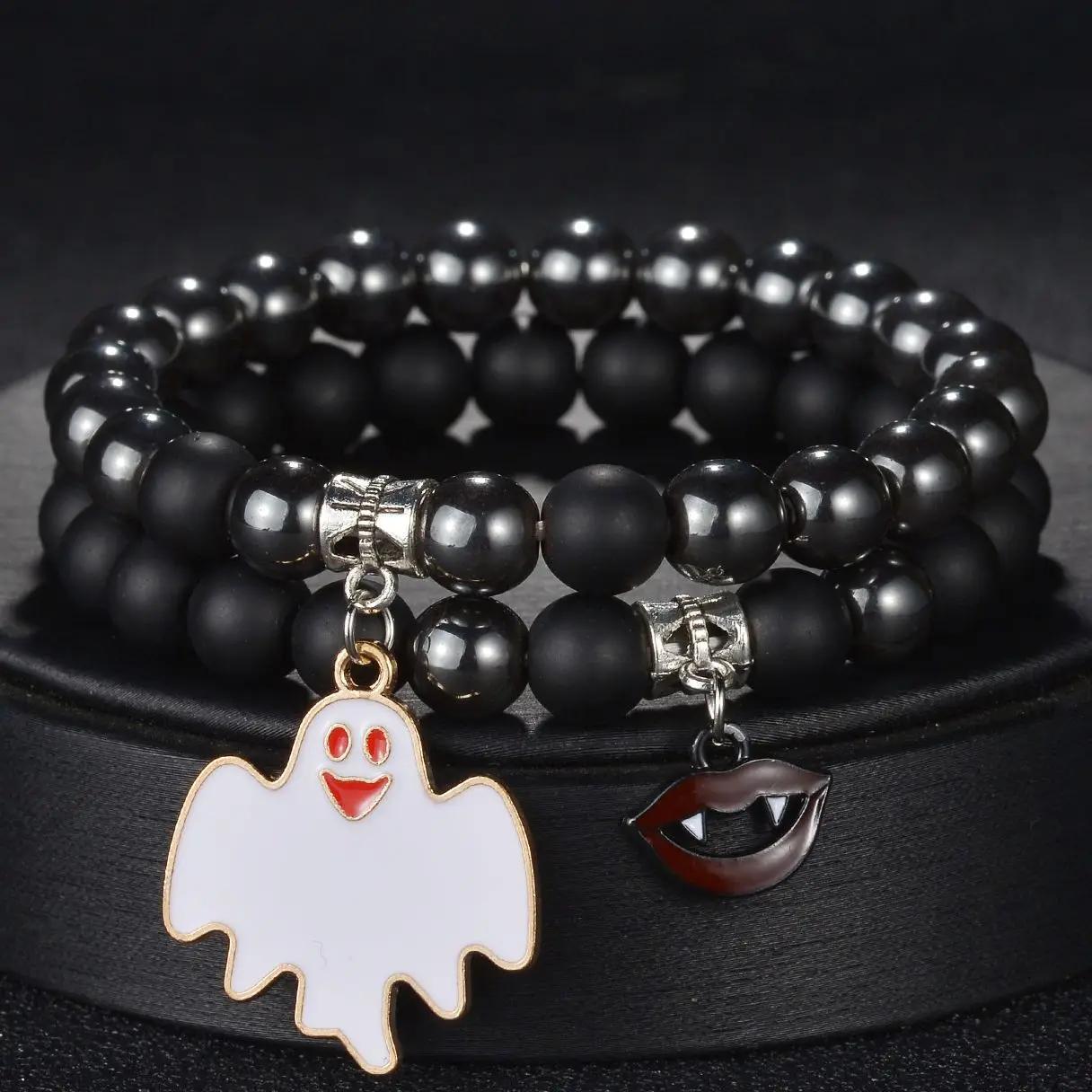 Набор браслетов в стиле панк из 2 предметов с черными натуральными камнями, бусинами, тыквой, призраком, искусственными камнями для мужчин и женщин, лучший подарок для пары ювелирных изделий