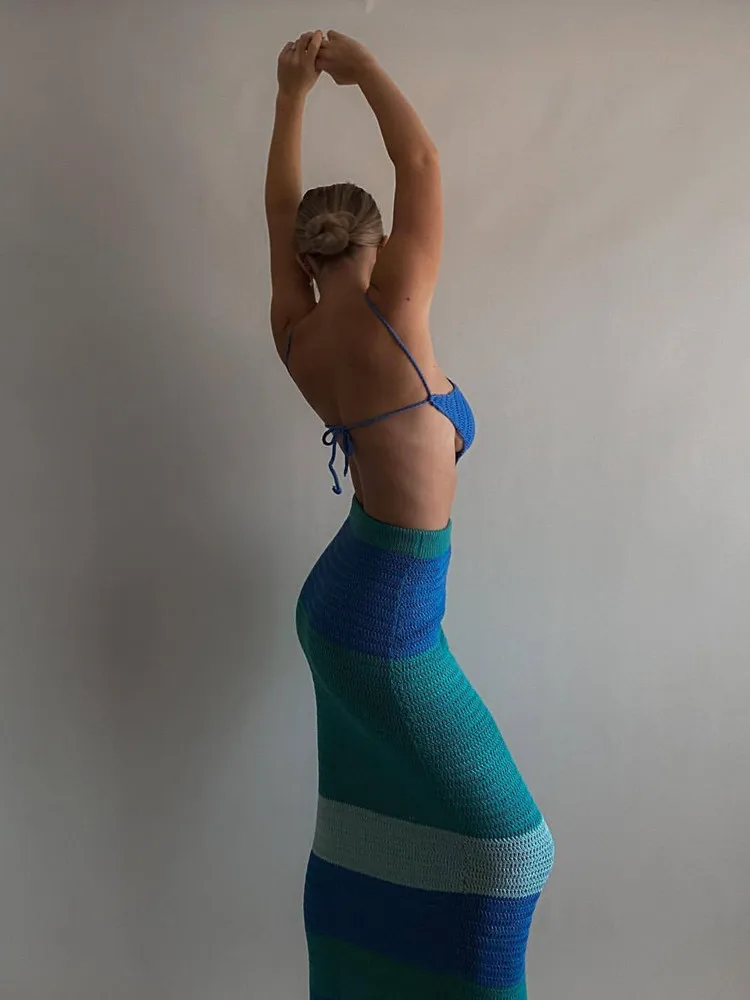 

2022 New Elegant Fashion Knitted Summer Beach 2-Piece Sets Outfits For Women Top And Skirt Sexy Matching Sets Co-Ord Sets