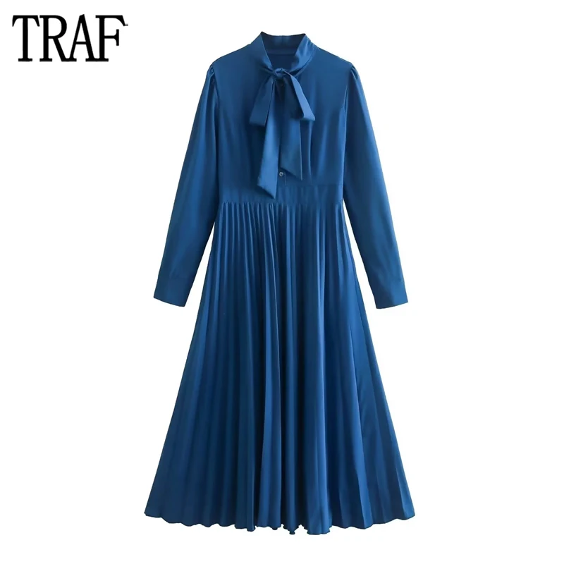 

TRAF Blue Ruched Long Dresses for Women Tied Office Midi Dress Woman Long Sleeve Party Women Dress Pleated Winter Female Dress