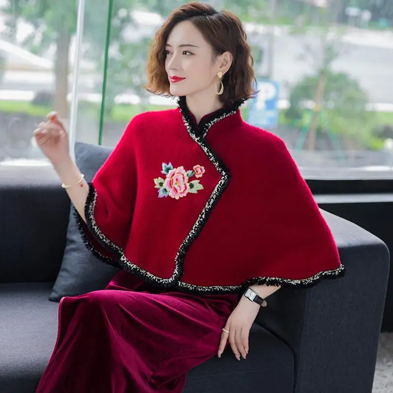 

Poncho women autumn and winter new mink cashmere knitted cardigan casual matching cape coat hook flower cape female