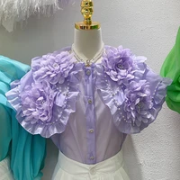 three dimensional flower beaded doll collar shirt for women 2022 summer new short puff sleeve design chiffon top blouses blusas