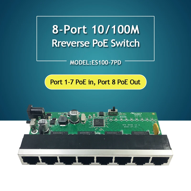 5pcs 8-Port 10/100M Ethernet Reverse Poe Switch  plus vlan 8 Rreverse Switch pcb board  Port lightning protection