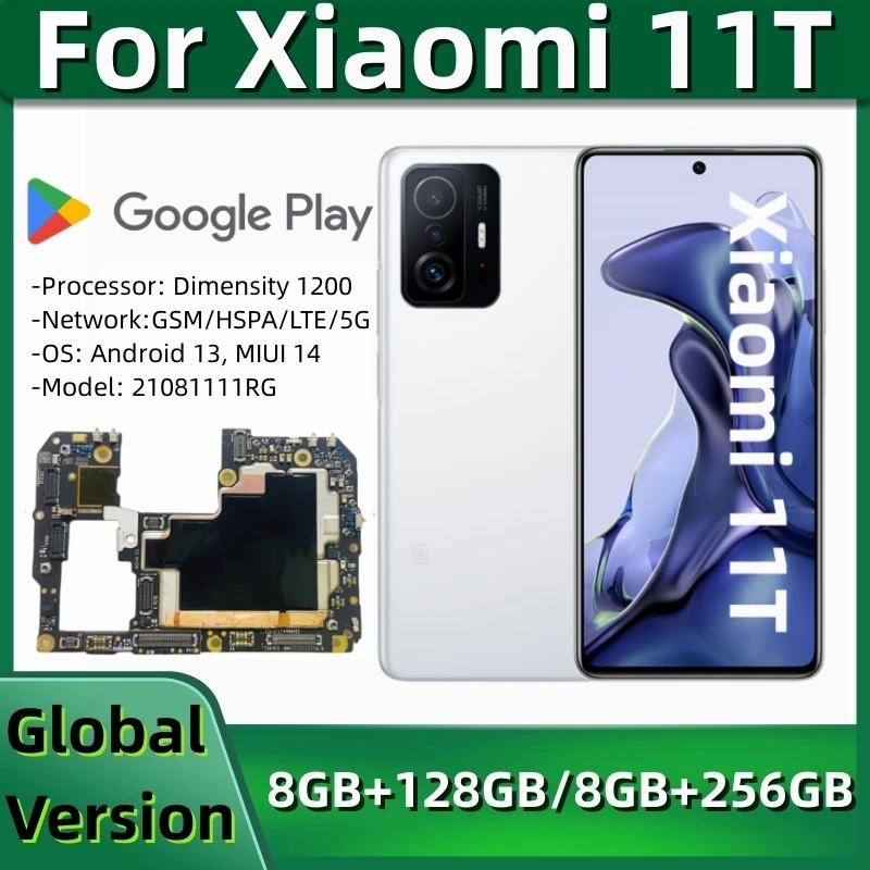 

Motherboard for Xiaomi 11T 5G, 21081111RG, Original Unlocked Main Circuits Board, 128GB, 256GB ROM, Global MIUI 14 OS