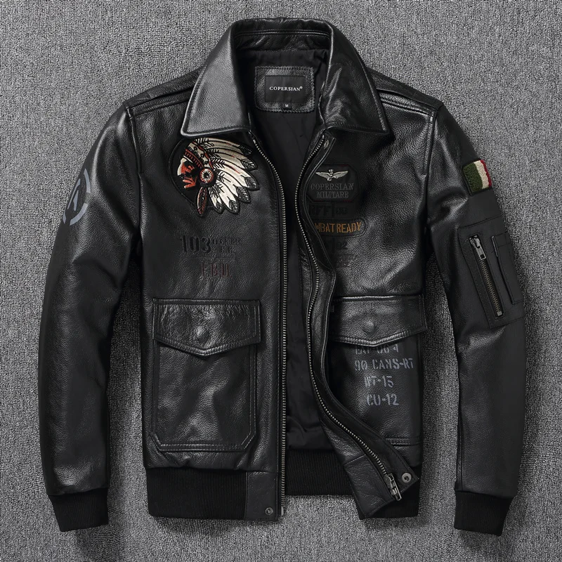 

2023 COPERSIAN Latest Indian Embroidery Flight Suit Pure Top Layer Cowhide Leather Jacket Men's Oversize Motorcycle Slim Coat C