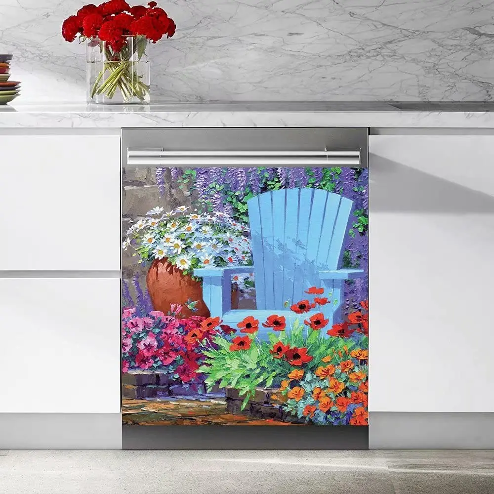 

Tup Full of Colorful Flowers Yard Watercolor Painting Dishwasher Cover Magnetic Sticker,Cozy Afternoon with Chair Kitchen Decal,