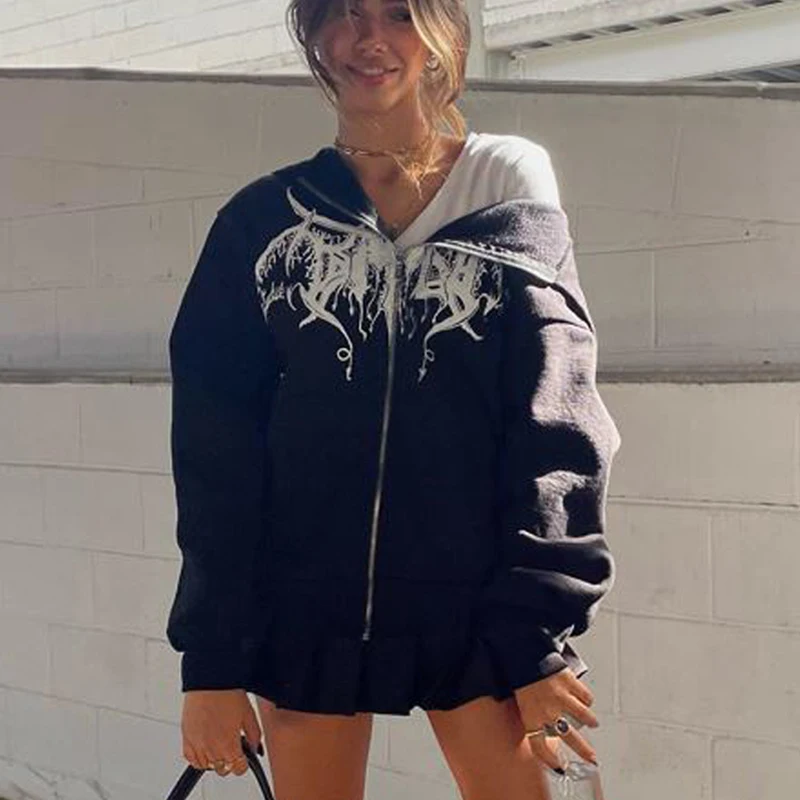 

Толстовка Harajuku с принтом кофта для бега Y2K одежда Goth Vinatge толстовки на молнии с капюшоном американская уличная одежда Женская толстовка