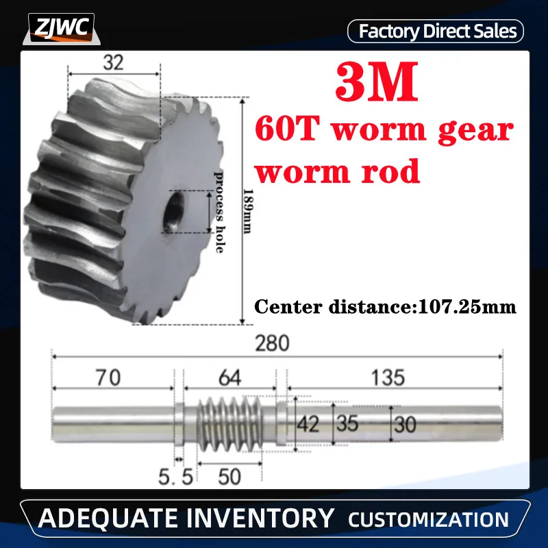 

1pcs 3 Modulus 60 Teeth reducer worm gear Process hole and 3M worm rod transmission ratio 1:60 45# steel for CNC Parts