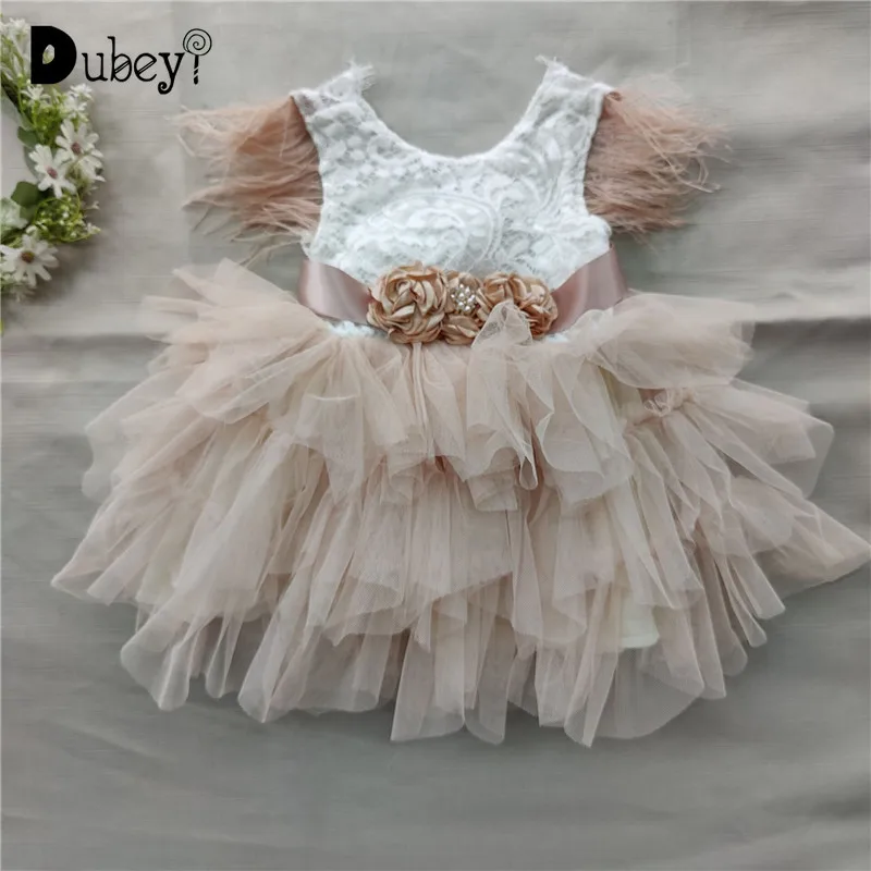 

Платье с перьями для маленьких девочек, платье принцессы на 1-й день рождения для крещения вечерние жевное платье с рукавами-фонариками и поясом, бальные платья, элегантные ПУШИСТЫЕ платья