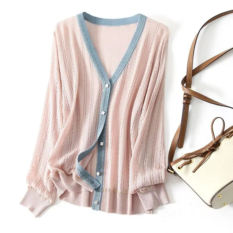 

2023 Women's Summer New Sun Protection Thin Coats Female V-neck Long Sleeve Loose Jackets Ladies Ice Silk Knitted Cardigans S20