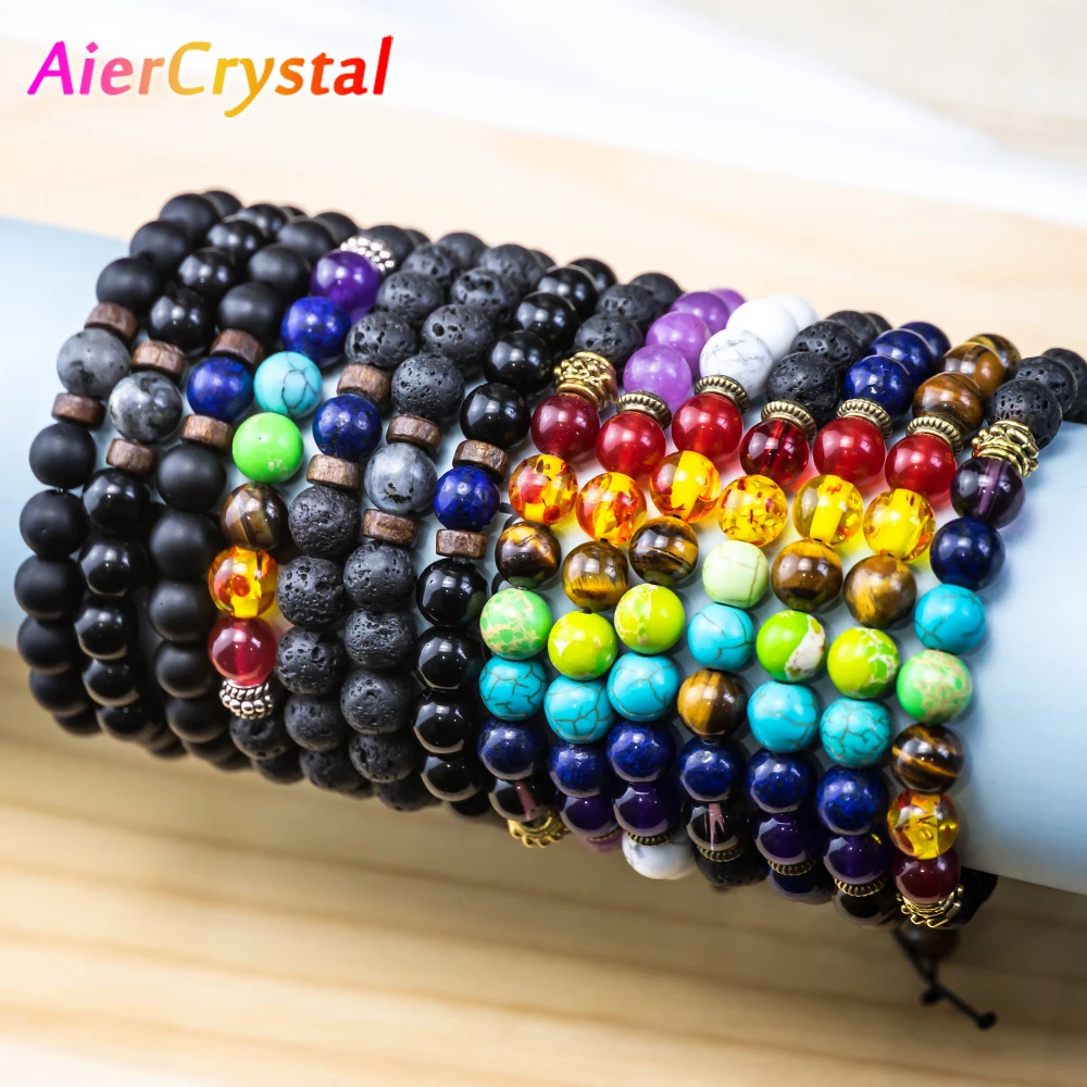 

Natural Tiger Eye Stone Chakra Bracelets Bangles Yoga Balance Beads Buddha Prayer 8mm Elastic Rope FashionBracelet for Women Men