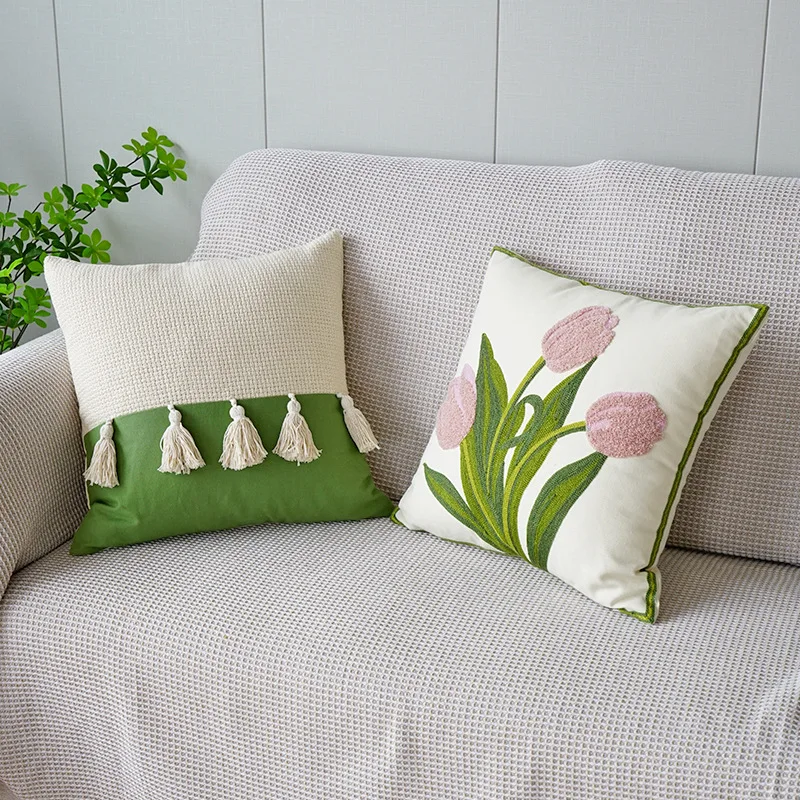 

Tulip Square Waist Decorative Pillow Pillowcase Cover 45*45cm Fresh Green Case Bedroom Throw Flowers Embroidered Sofa Cushion
