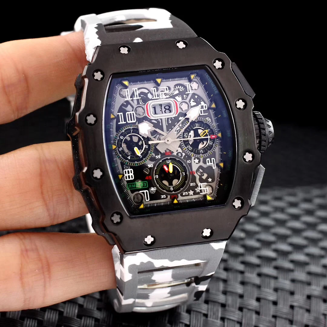 

Роскошные Мужские автоматические механические часы Красные Синие камуфляжные Резиновые наручные часы из нержавеющей стали