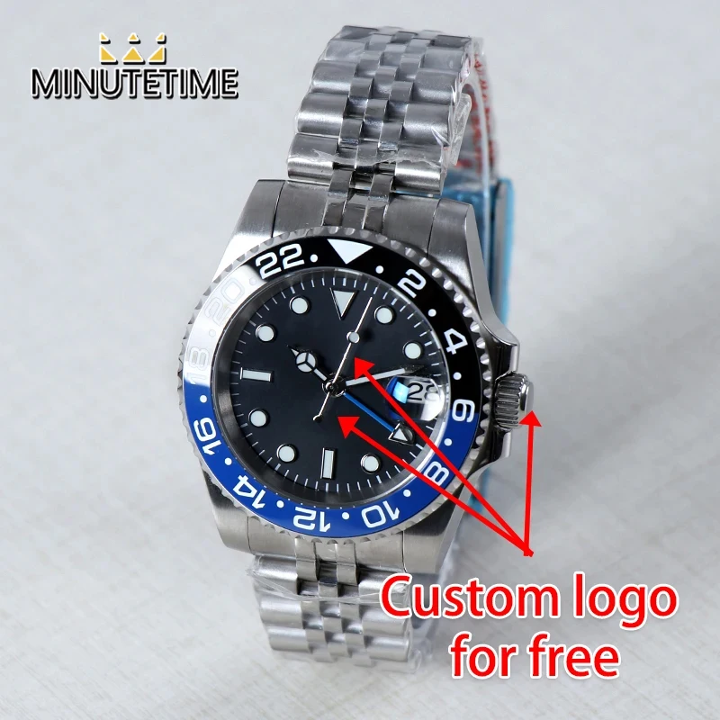 

Часы наручные NH34 мужские с логотипом на заказ, водонепроницаемые с синими двойными часовыми поясами, сапфировым стеклом, Водонепроницаемость 100 АТМ, 40 мм