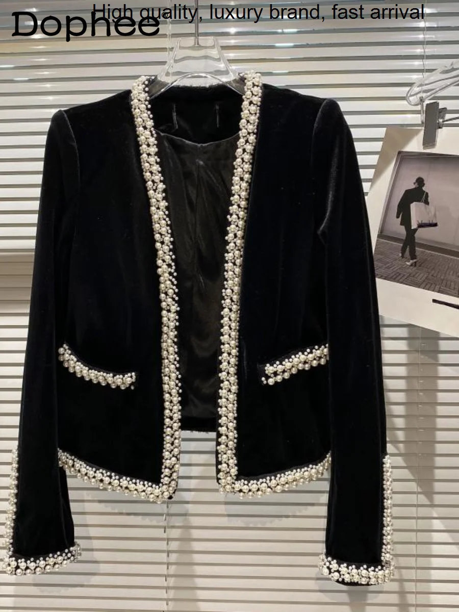 Autumn New 2023 Heavy Industry Pearl Velvet Suit Women Elegant V-neck Black Small Business Blazer Jacket Short Outerwear