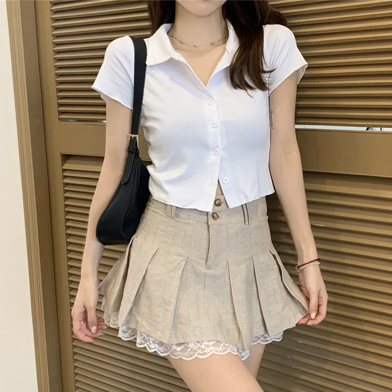 Women Schoolgirls Cocktail Party Clubwear Sexy Skirts Short Mini Skirt with Lace Hem Pleated Solid Color A-line |