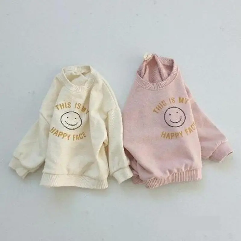 

2022 Spring New Baby Cartoon Sweatshirt Boy Girls Loose Casual Long Sleeve Tops Cute Infant Smiley Print Sweatshirt Kids Clothes
