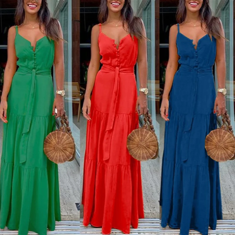 

Tropical Print Halter Backless Maxi Dress Summer Button V-neck Maxi Dress