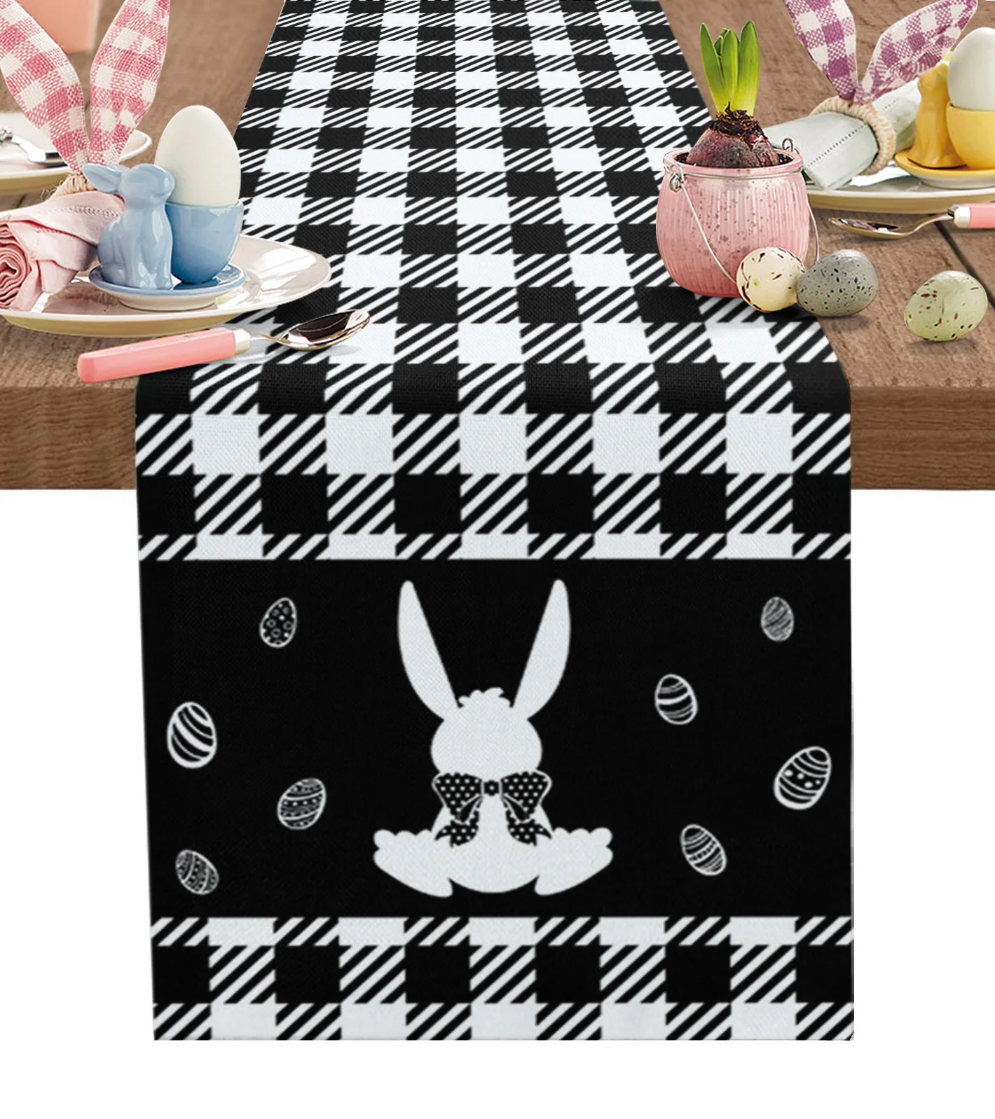 

Easter Decor 2023 Easter Plaid Bunny Egg Black Table Runner Wedding Party Decoration Kitchen Dining Table Mat Napkin Home Decor
