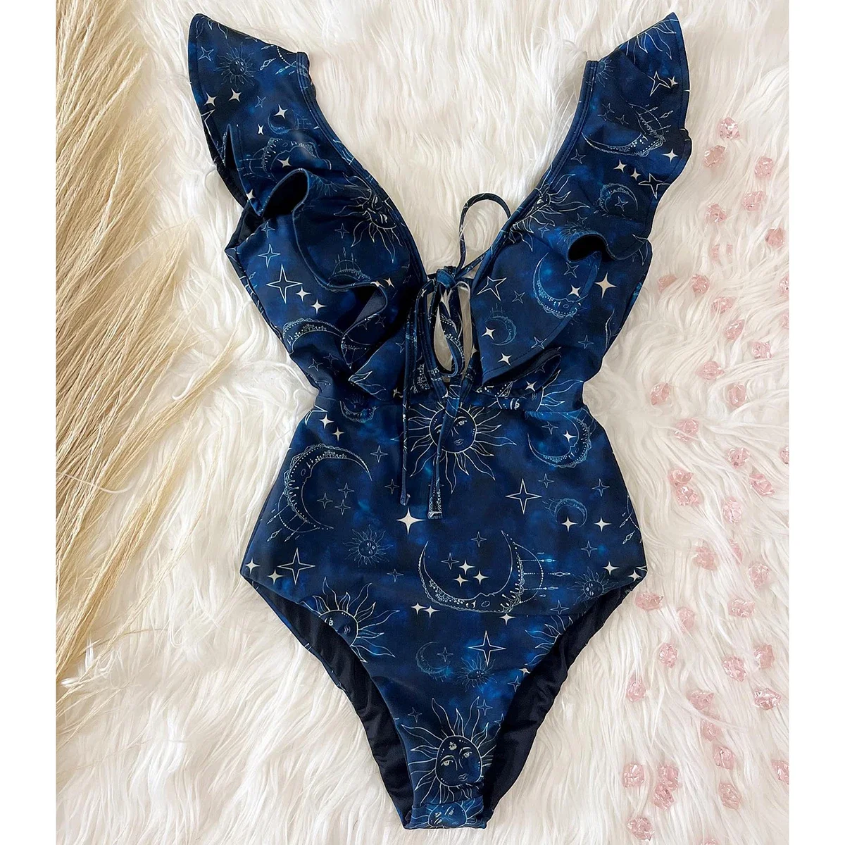 2024 новый цельный купальник с рюшами и принтом сексуальный глубоким V-образным