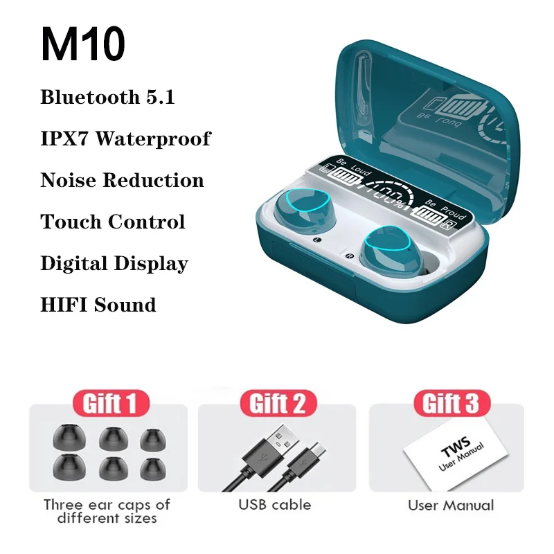 

RYWER Wireless Headphones M10 TWS Touch Bluetooth 5.1 Earphones Hifi Stereo Earbuds Waterproof Sports Headset with Charging Box