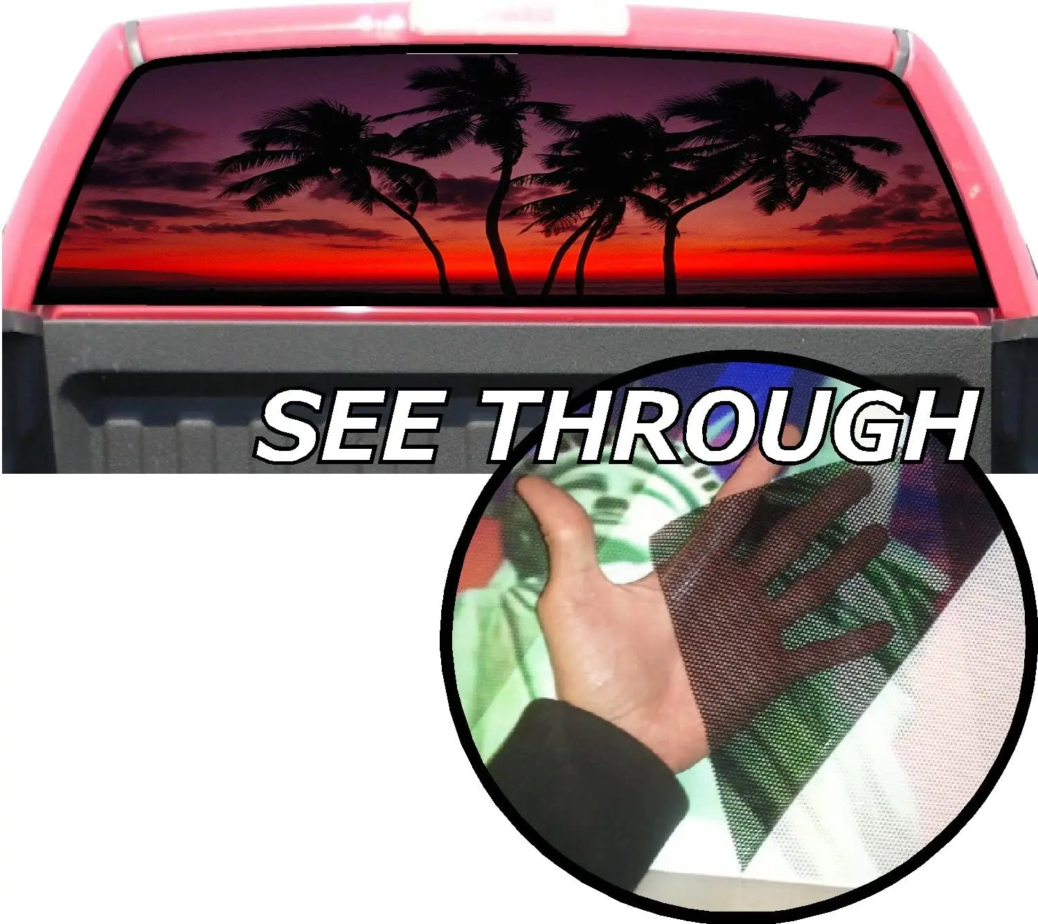 

P44 пальмовые деревья закат ТИНТ наклейка на заднее окно обмотка Графический перфорированный Прозрачный Универсальный размер 65 "x 17" подходит для: пикапов F1