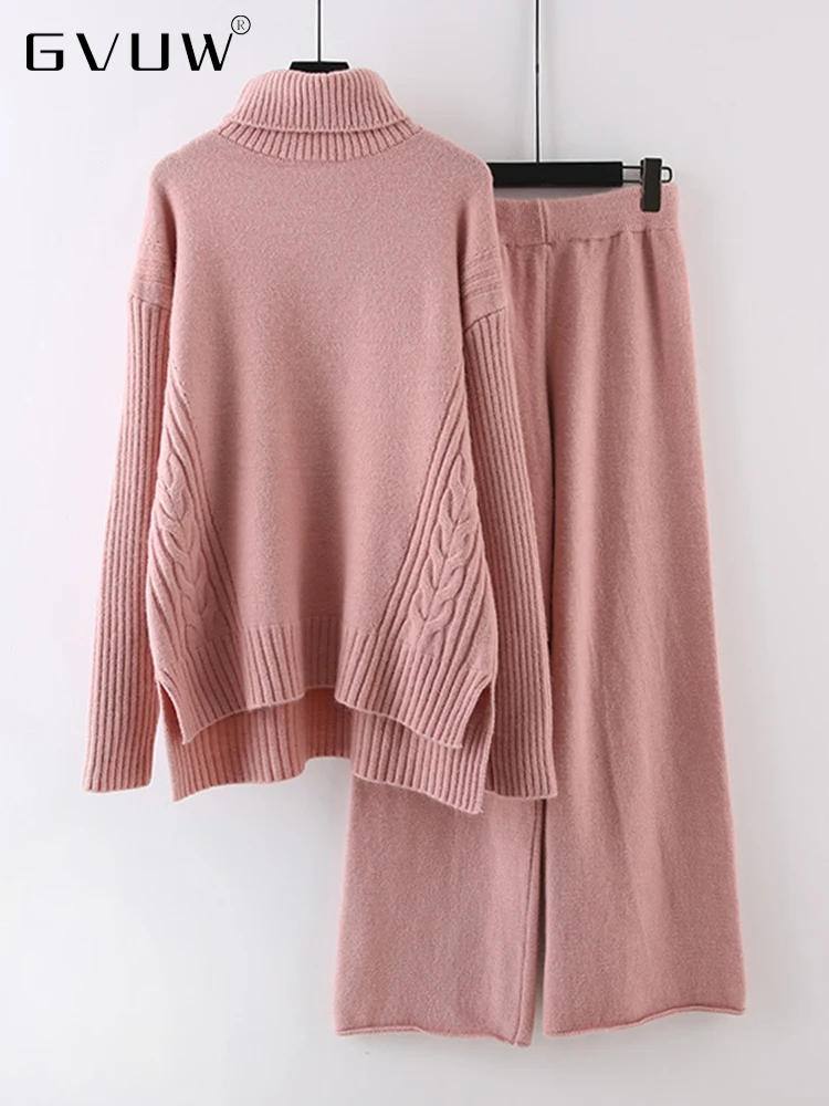 

Новинка весны 2023, вязаный комплект из двух предметов GVUW, Женский однотонный топ с высоким воротником, свободные широкие брюки с разрезом, же...